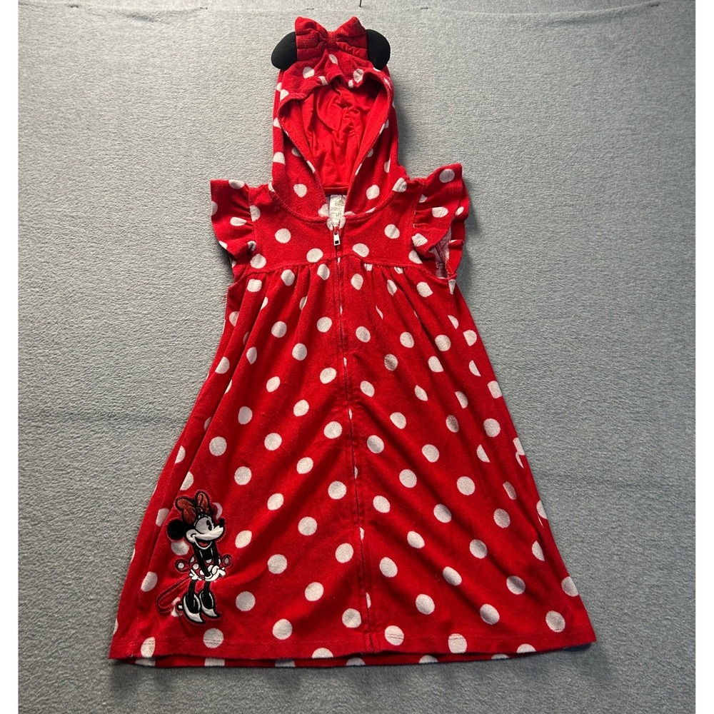 Disney Minnie Mouse  Cover Up Robe Girls 7/8 Red Polka Dot Hooded‎ Plush Zip